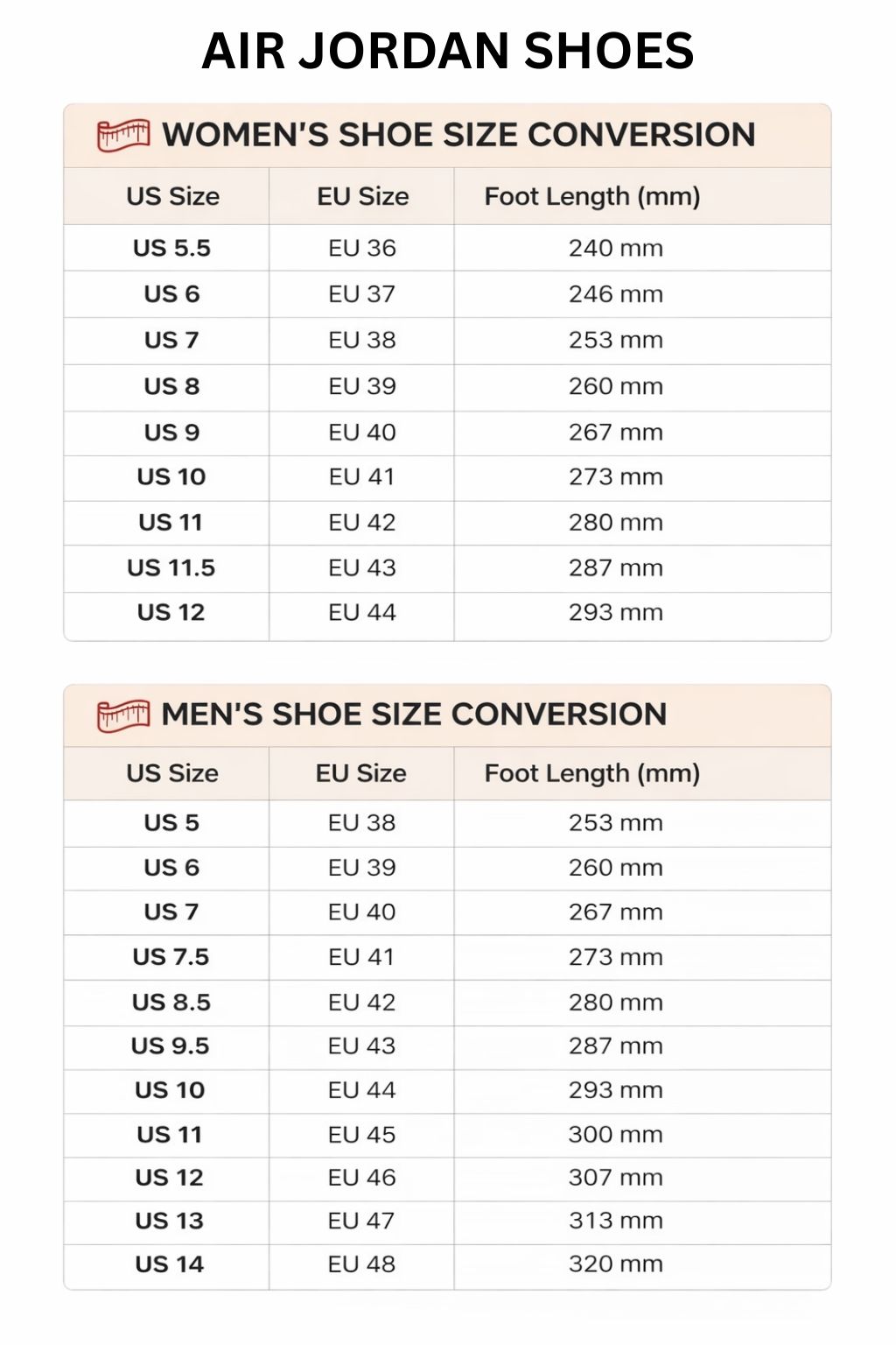 Air Jordan High Low Top Shoes Size Chart - Demon Slayer Merch