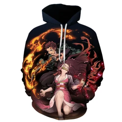 Demon Slayer Tanjiro Nezuko Fight Together 3D Print Hoodie